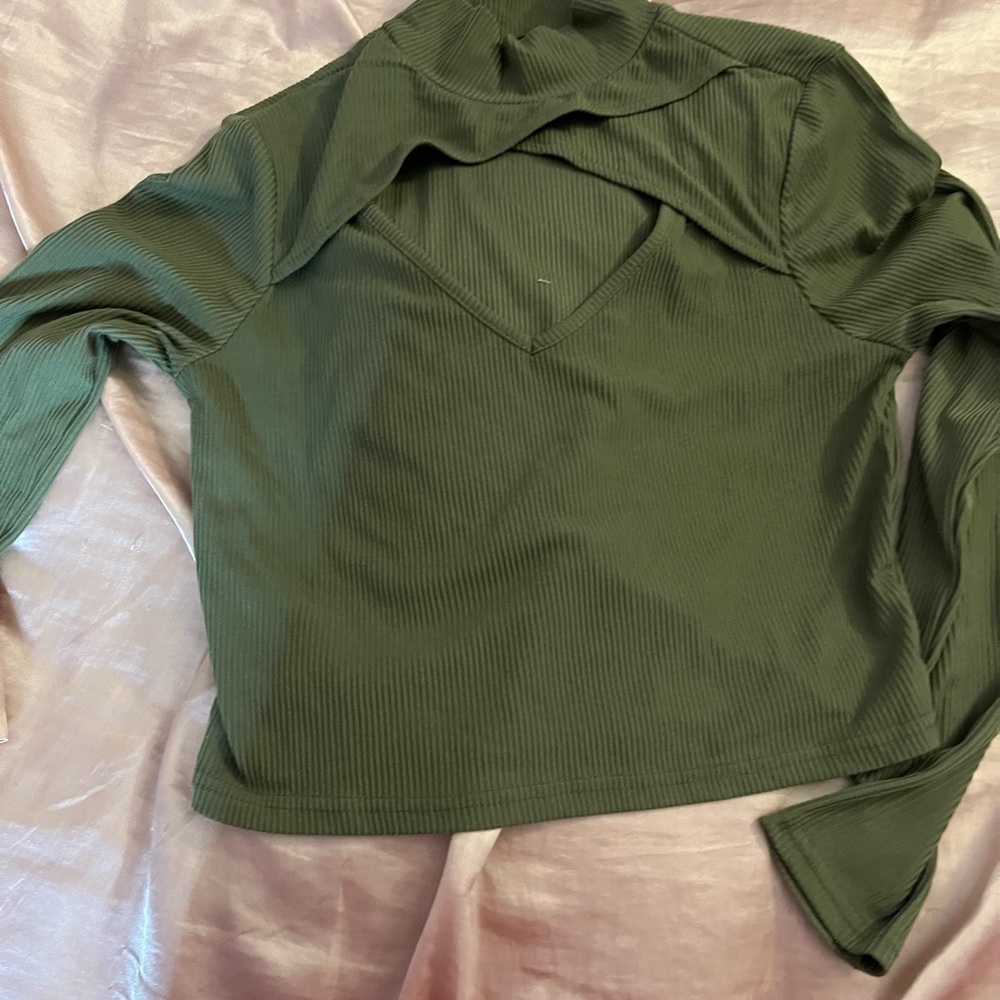 Long sleeve olive green crop top with chest cut out